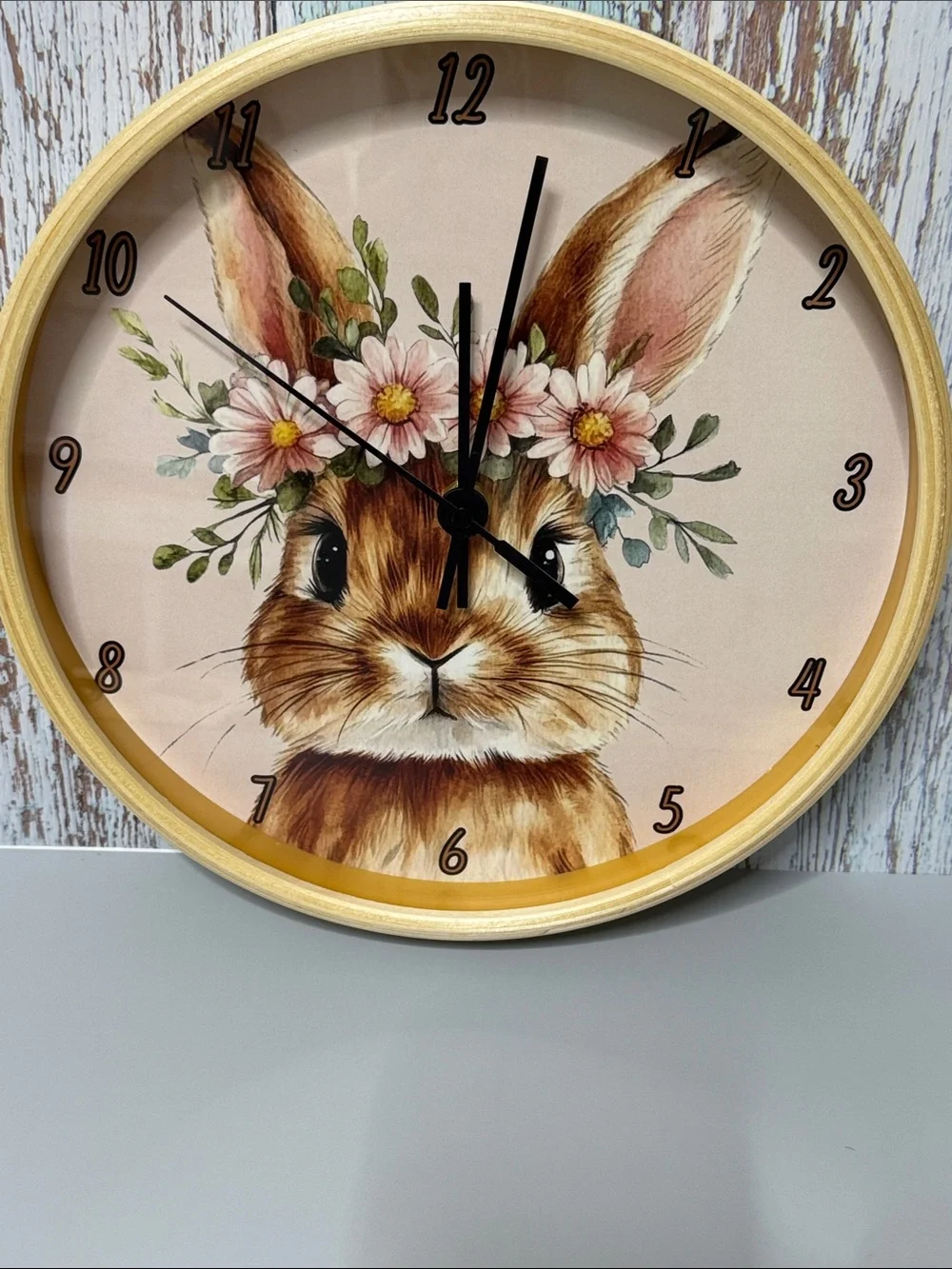 Rabbit Wall Clock, Floral Watercolor Bunny with 100% Wood Frame, 10-Inch Square